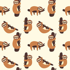 Obraz premium Seamless background with Sloth on the branch. Vector illustration with cute bear on white. Animal pattern.