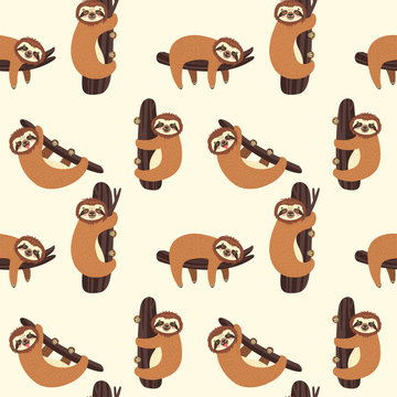 Seamless background with Sloth on the branch. Vector illustration with cute bear on white. Animal pattern.