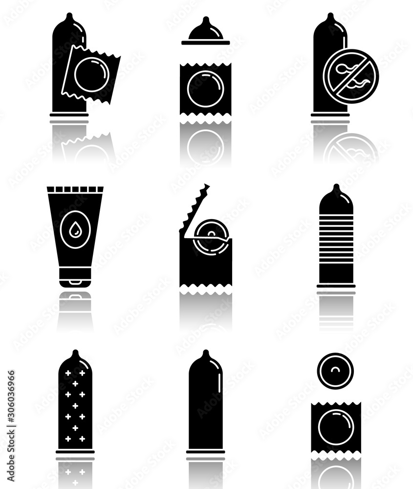 Poster Safe sex drop shadow black glyph icons set. Male contraceptive. Female condoms. Unplanned pregnancy prevention. Birth control. Sexually transmitted infections protection. Isolated vector illustrations