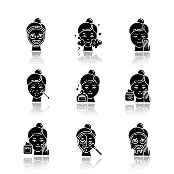 Skin Care Procedures Drop Shadow Black Glyph Icons Set. Spot Treatment For Acne And Blackheads. Applying Sunscreen. Mosturizing Face Cleanser. Thermal Mask. Isolated Vector Illustrations