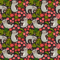 Seamless background with Sloth on the branch. Vector illustration of leaves, flowers and cute bear on black. Floral and animal pattern.