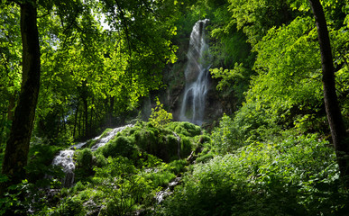 Fototapeta na wymiar Uracher Wasserfall im Frühling bei Bad Urach in der Schwäbischen Alb, Deutschland