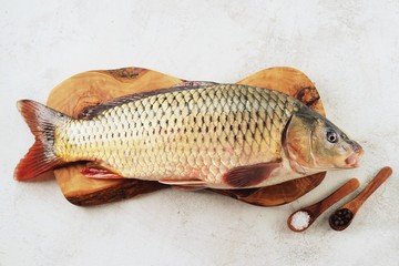 Fresh live raw carp. Fresh river fish. Wild fish. Top view. 