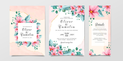 Beautiful wedding invitation card template set with watercolor floral and marble background. Flowers and leaves botanic illustration for background, save the date, invitation, greeting card, etc