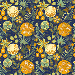 Floral seamless pattern on blue. Abstract vector background with flowers and leaves. Natural bright design.