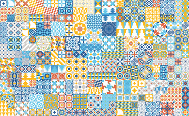 Seamless pattern with portuguese tiles. Vector illustration of Azulejo on white background. Mediterranean style. Multicolor design. - obrazy, fototapety, plakaty