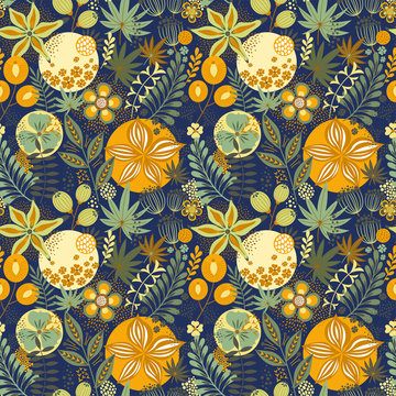 Floral seamless pattern on blue. Abstract vector background with flowers and leaves. Natural bright design.