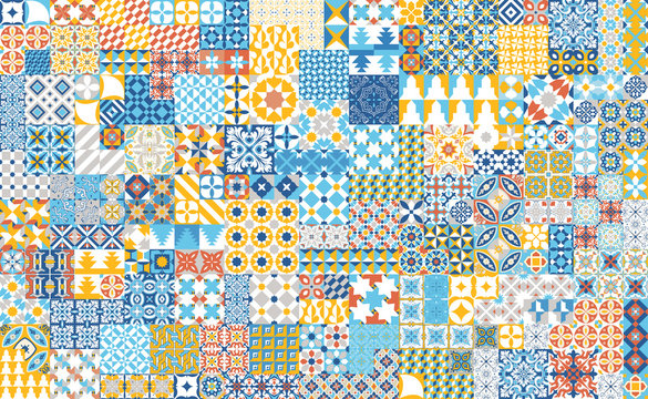 Seamless pattern with portuguese tiles. Vector illustration of Azulejo on white background. Mediterranean style. Multicolor design.