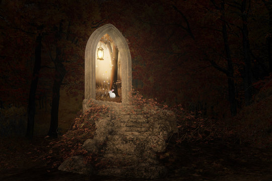 Fantasy image of a staircase pith a portal arch leading into a bright sunny day, 3d render.