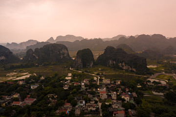 Aerial view of Tam Coc near Ninh Binh at sunset in Northern Vietnam, Asia.