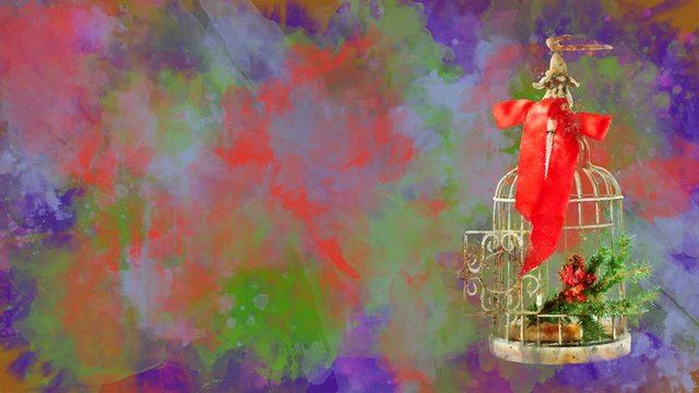 Watercolor Christmas decoration birdcage on the back-ground of colored blots.