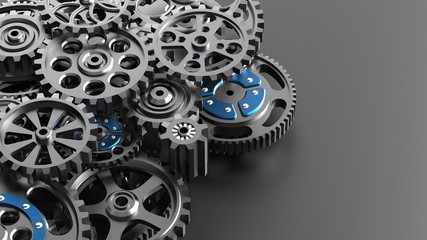 Mechanism, black metallic gears and cogs at work on black background. Industrial machinery. 3D illustration. 3D high quality rendering.
