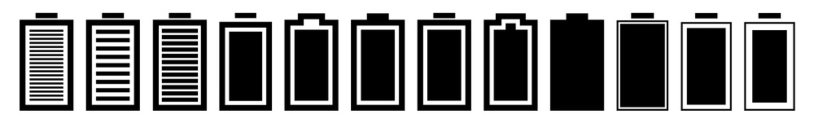 Battery Icon Black | Batteries | Charge Level Symbol | Charging Accumulator Logo | Low High Capacity Sign | Isolated | Variations