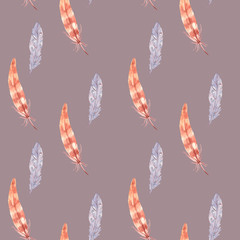 A cute watercolor textured pattern of multicolored brown and gray lavender feathers. Hand drawn isolated on a beige background.