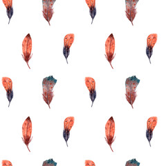 A cute watercolor textured pattern of multicolored blue-brown feathers. Hand drawn isolated on a white background.