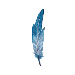 Cute watercolor textured blue gradient feather. Hand drawn isolated on a white background.