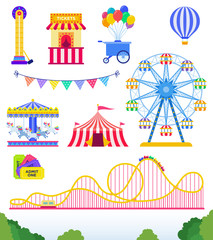 Set of Amusement park, circus. flat vector illustration.