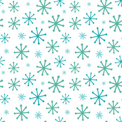Seamless Christmas vector pattern. Blue snowflakes isolated on white background. Festive illustration. Cute doodle art. Perfect for wallpaper or fabric.