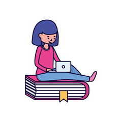 young woman sitting on book with laptop learning online