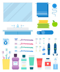 Set of Dental Prevention, Bath flat vector illustration.