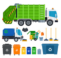 Set of Garbage truck icons flat vector