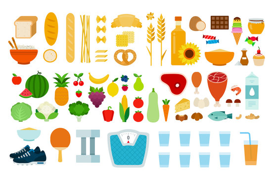 Set of Types of food icons flat vector