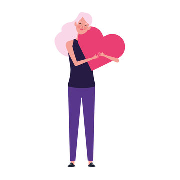 happy woman hugging a heart icon, flat design