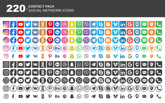 Facebook, twitter, instagram, youtube, snapchat, whatsap, vkontakte, google, odnoklassniki - Collection of 220 popular contact social icons. Editorial vector. Vinnitsa, Ukraine - November 28, 2019