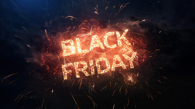 Black Friday greeting text with particles and sparks isolated on black background, beautiful typography magic design.