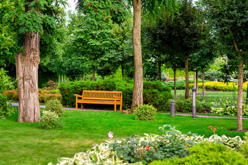 Obraz premium a flowerbed with plants in a summer park with walk path and wooden benches in the shade under the trees for relax.