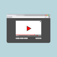 Video player on browser page template in flat style vector illustration. play sign icon