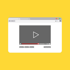 Video player on browser page template in flat style vector illustration. play sign icon