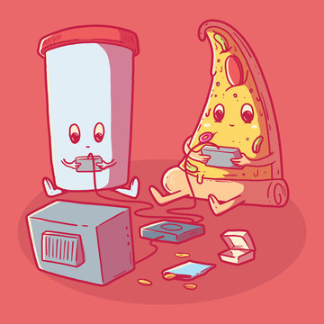 Fast food characters gaming vector illustration. Gaming, fast food, technology design concept