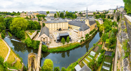 Fototapeta premium Luxembourg cityscape, church on river, panorama