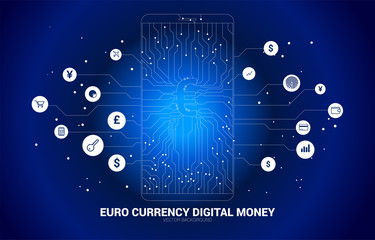 Vector money Euro currency icon in mobile phone screen from dot connect line circuit board style. Concept for digital money and fintech.