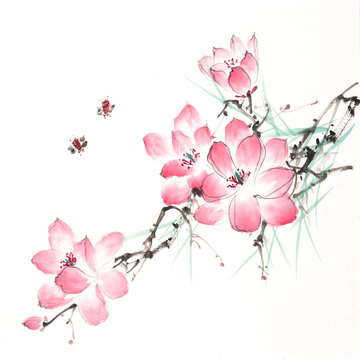 Chinese painting of blossoming magnolia tree with bees