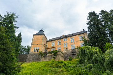 Fototapeta na wymiar Old castle with tower on a grassy hillside, Europe