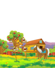 Cartoon farm scene with animal chicken bird having fun on white background with space for text - illustration for children