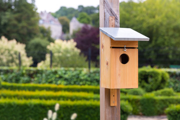 Wooden birdhouse in park at summer day, Europe