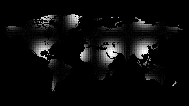 World map from particles, dots. Digital planet Earth. Abstract animation background.