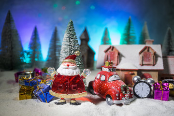 Traditional holiday attributes on snow. Creative artwork decorations. Empty space for your text