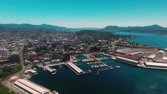 Aerial Drone Shot Of Hobart Harbour In Tasmania Australia On A Clear Blue Sky Summer Day 