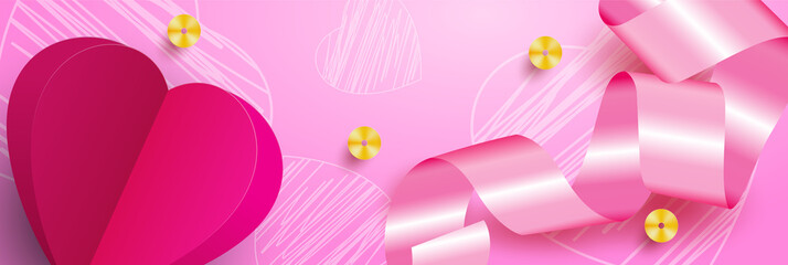 Valentine's day concept,Poster or banner with sweet realistic pink ribbon and hearts  isolated on background.