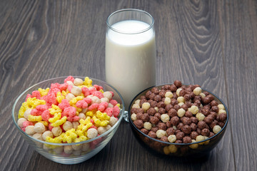 Colored light snacks. Breakfast in a plate and a glass of milk. Diet and calories. Dessert food.