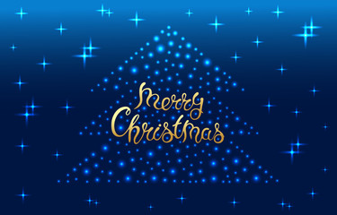 Christmas background with golden letters and a sparkling Christmas tree. 