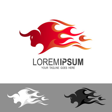 Bull logo with fire design illustration, buffalo icon and fire logo