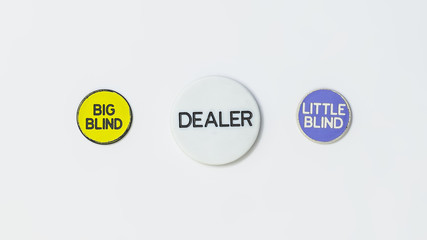 Poker chips Big Blind, Little Blind and Dealer on a white background isolate.