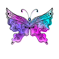 Boho style. Butterfly grunge images for design. Black line sketch on texture watercolor background. Vector illustration