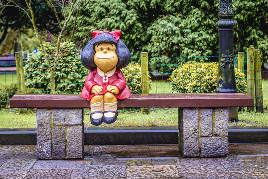 Oviedo, Spain - January 25, 2019: Mafalda comic character created by Pablo Irrgang in San Francisco Park, central park of Oviedo city