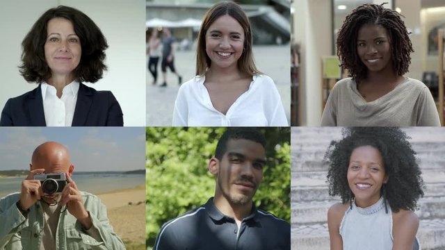 Front view of smiling mixed race people looking at camera. Multiscreen montage, split screen collage. Ethnicity variation concept